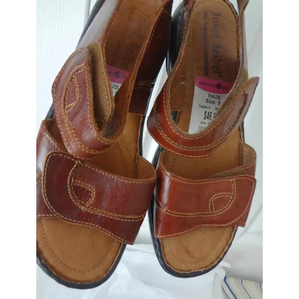 Josef Seibel Hook Loop Brown Leather Sandals Comfort Womens 40 US 9 Open Toe